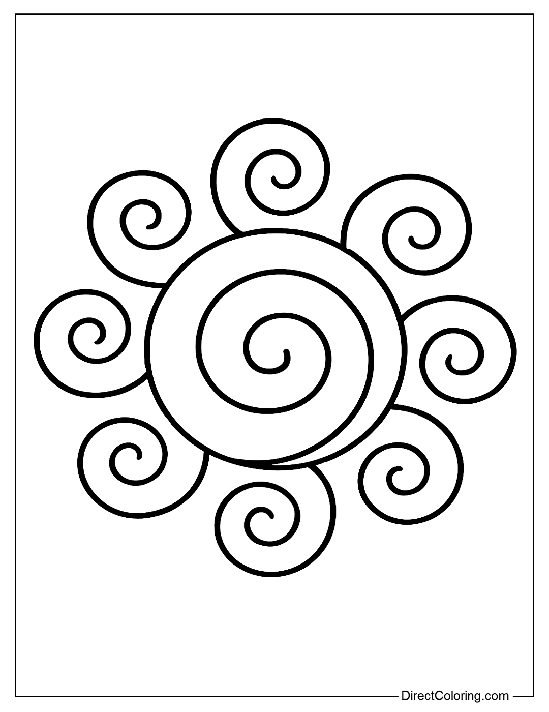 coloring page of the Sun made of soft swirls, relaxing style